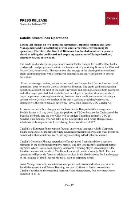 Press Release Catella Streamlines Operations Banque Invik