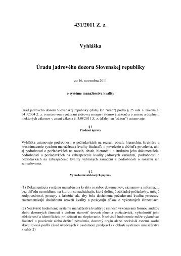 431/2011 Z z Vyhláška Úradu jadrového dozoru Slovenskej republiky