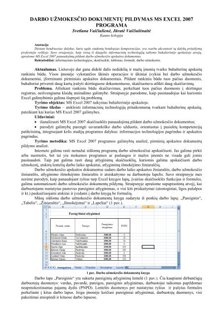 DARBO UŽMOKESČIO DOKUMENTŲ PILDYMAS MS EXCEL 2007 PROGRAMA