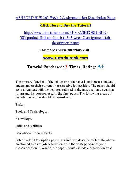 ASHFORD BUS 303 Week 2 Assignment Job Description Paper/ Tutorialrank