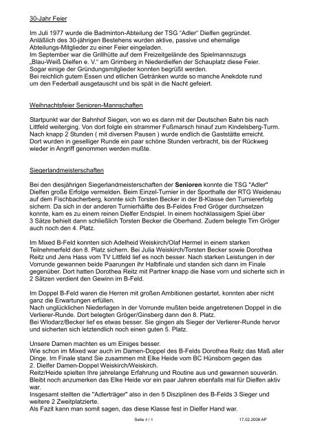 Badminton Jahresbericht 2007 / 2008 FÃ¼r die ... - TSG Adler Dielfen