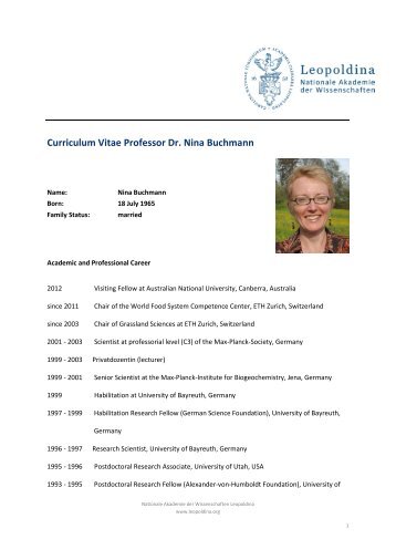 Curriculum Vitae Professor Dr. Nina Buchmann - Leopoldina