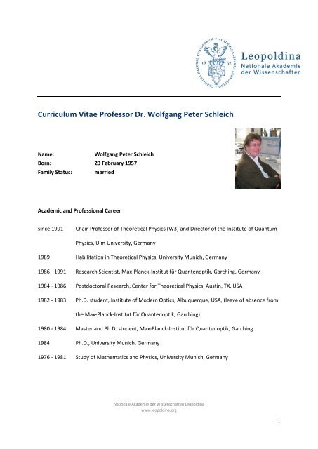 Curriculum Vitae Professor Dr. Wolfgang Peter Schleich - Leopoldina