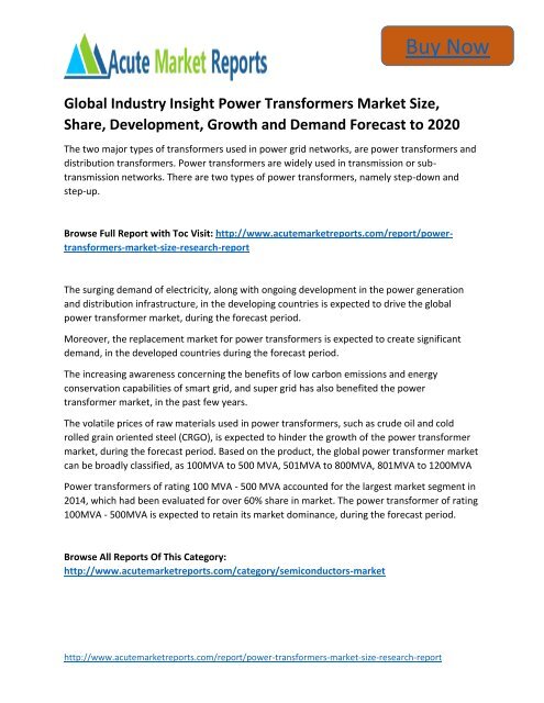 Global Industry Insight Power Transformers Market to 2020 Size, Industry Trends, Growth Prospects Till,: Acute Market Reports