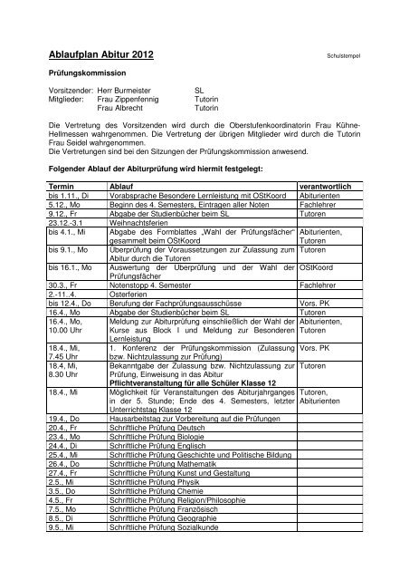 Ablaufplan Abitur 2012