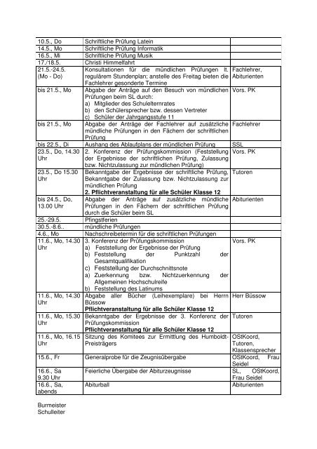 Ablaufplan Abitur 2012