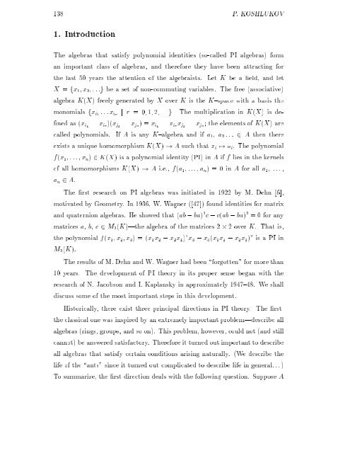 ALGEBRAS WITH POLYNOMIAL IDENTITIES Plamen Koshlukov ...