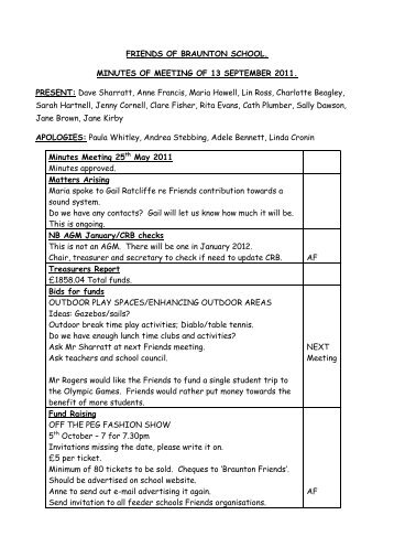 FRIENDS OF BRAUNTON SCHOOL. MINUTES OF MEETING OF 13 ...