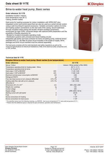 Data sheet SI 11TE Brine-to-water heat pump Basic series