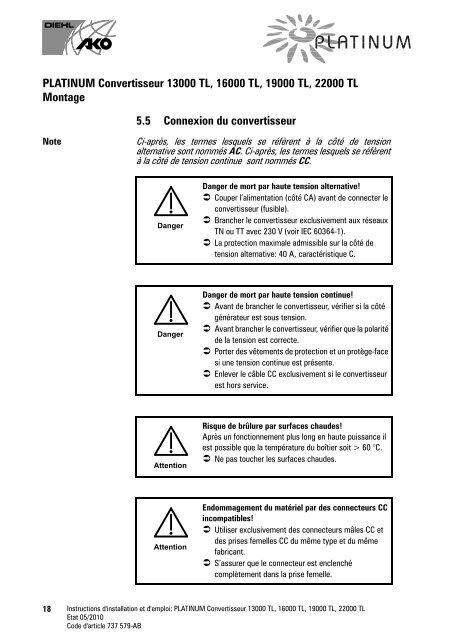 Instructions d'installation et d'emploi