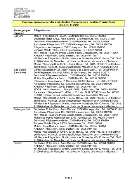 Versorgungsregionen der ambulanten Pflegedienste im Main-Kinzig ...