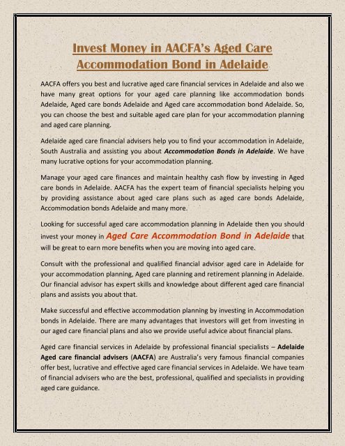 Invest Money in AACFA’s Aged Care Accommodation Bond in Adelaide