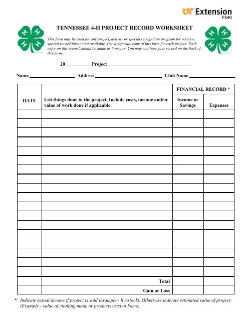 TENNESSEE 4-H PROJECT RECORD WORKSHEET