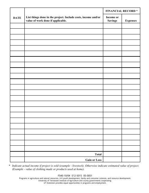 TENNESSEE 4-H PROJECT RECORD WORKSHEET