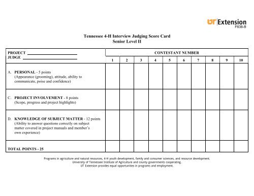 Tennessee 4-H Interview Judging Score Card Senior Level II