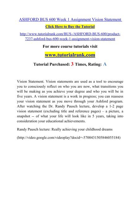 ASHFORD BUS 600 Week 1 Assignment Vision Statement / Tutorialrank