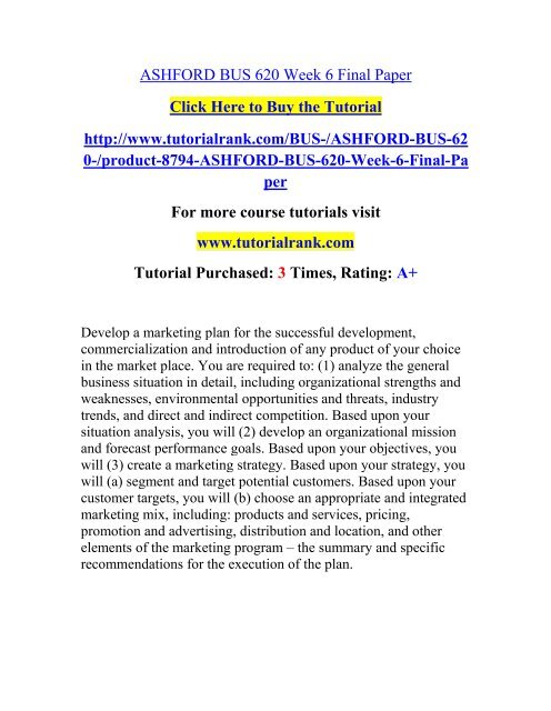 ASHFORD BUS 620 Week 6 Final Paper  / Tutorialrank