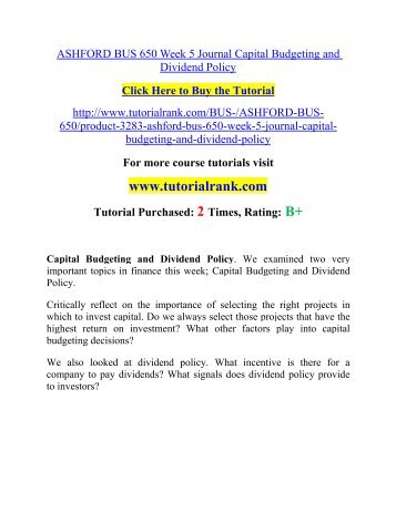 ASHFORD BUS 650 Week 5 Journal Capital Budgeting and Dividend Policy  / Tutorialrank