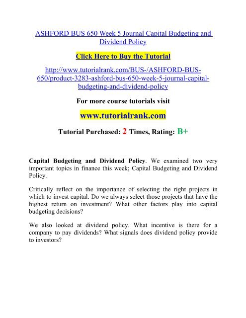 ASHFORD BUS 650 Week 5 Journal Capital Budgeting and Dividend Policy  / Tutorialrank