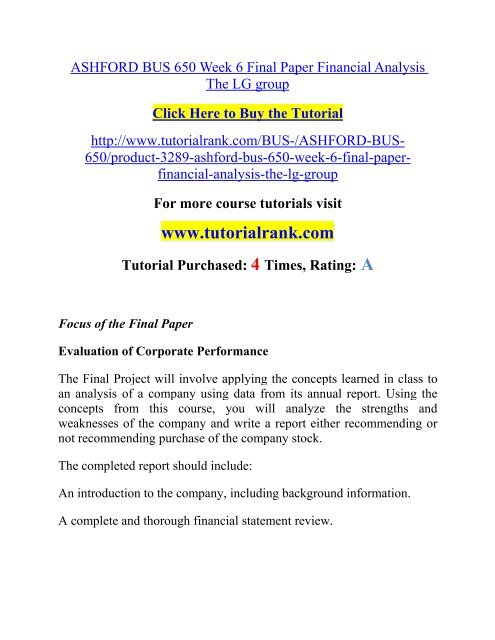 ASHFORD BUS 650 Week 6 Final Paper Financial Analysis The LG group  / Tutorialrank