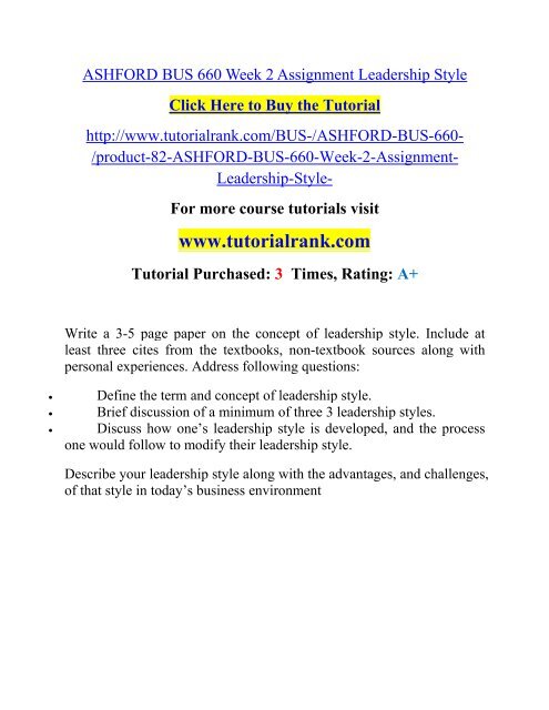 ASHFORD BUS 660 Week 2 Assignment Leadership Style  / Tutorialrank