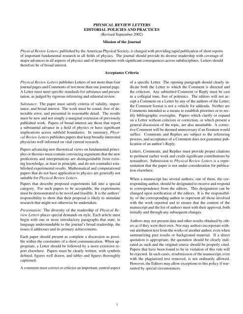 PHYSICAL REVIEW LETTERS Forms For Journals Of The American 