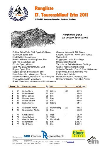Rangliste 17. Tourenskilauf Erbs 2011 - bei Flütsch Skitouring Küblis