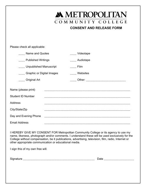 CONSENT AND RELEASE FORM