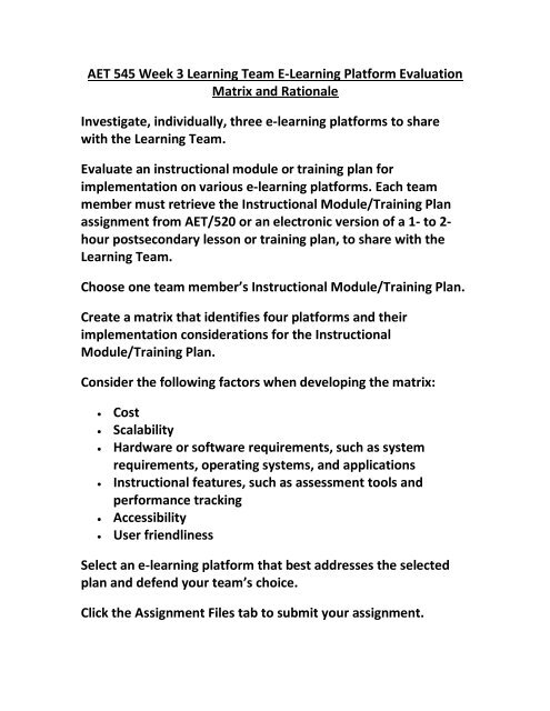 Aet 545 Week 3 Learning Team E Learning Platform Evaluation Matrix And Rationale