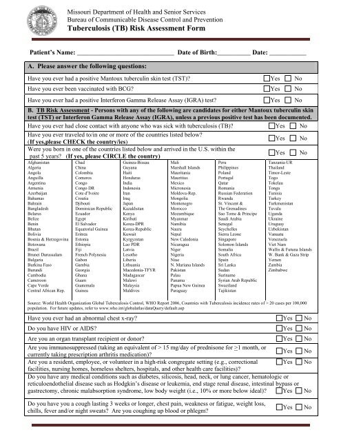 Tuberculosis TB Risk Assessment Form