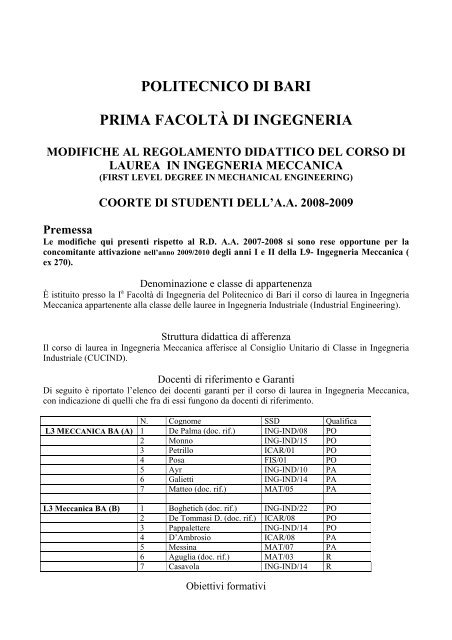 POLITECNICO DI BARI PRIMA FACOLTÀ DI INGEGNERIA