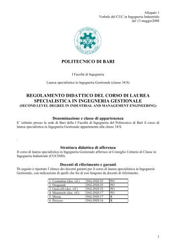 Laurea specialistica in Ingegneria Gestionale - Politecnico di Bari