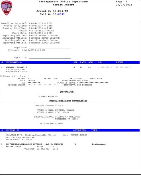 Narragansett Police Department Page: 1 Arrest Report ... - WPRI.com
