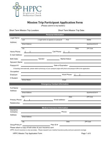 Mission Trip Participant Application Form