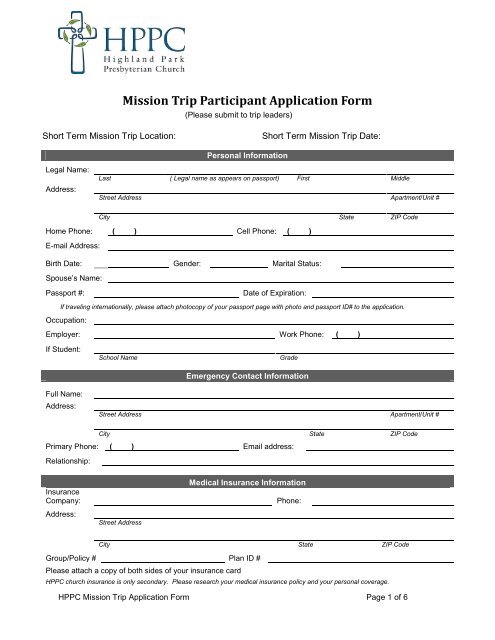 Mission Trip Participant Application Form