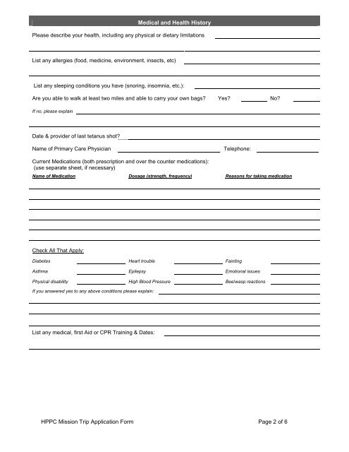 Mission Trip Participant Application Form