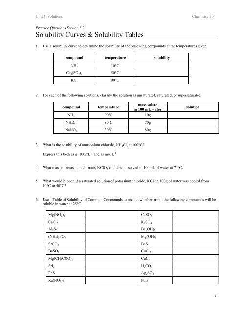 Read Solubility Curve Practice Answers : 2 - Ju''ll notice that for most substances, solubility increases as temperature increases.