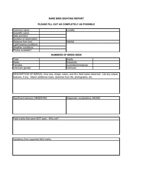 Common name Scientific name Date and time Duration of ...