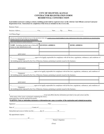 CITY OF SHAWNEE KANSAS CONTRACTOR REGISTRATION FORM RESIDENTIAL CONSTRUCTION
