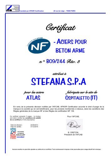 Certificat STEFANA S.P.A