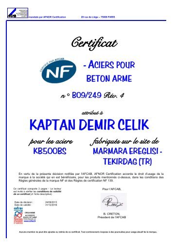 Certificat KAPTAN DEMIR CELIK