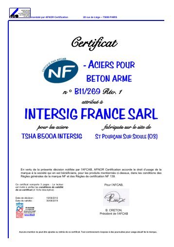 Certificat INTERSIG FRANCE SARL
