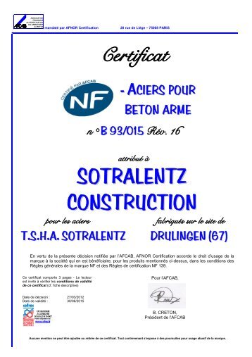 Certificat SOTRALENTZ CONSTRUCTION