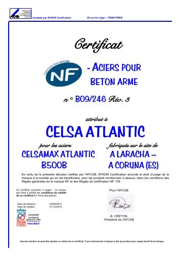 Certificat CELSA ATLANTIC