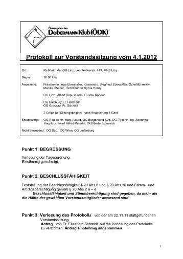 Protokoll zur Vorstandssitzung vom 4.1.2012