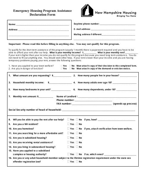 Emergency Housing Program Assistance Declaration Form