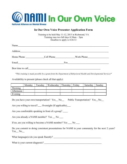 In Our Own Voice Presenter Application Form