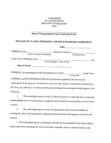 Hold Harmless Agreement Form - Millbury, MA