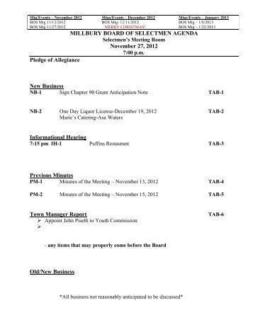Board of Selectmen Agenda 11/27/2012 - Millbury, MA