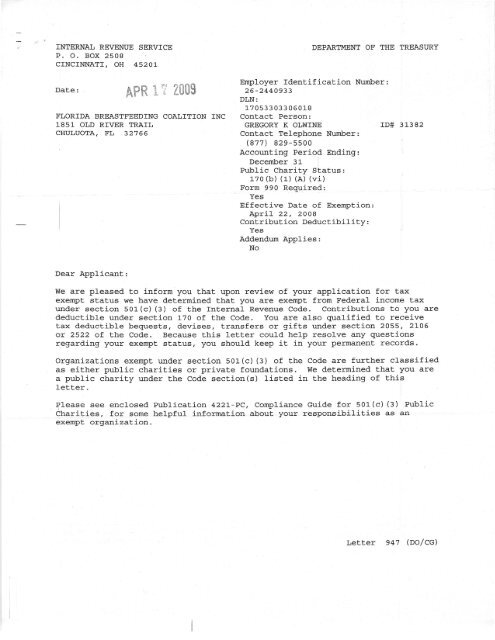 IRS-501(c)3 Letter of Determination - Florida Breastfeeding Coalition